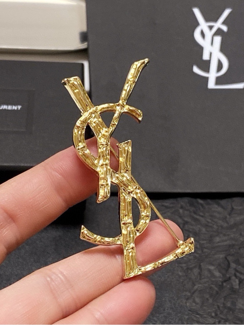 Designer-Inspired Gold Logo Brooch - Textured Monogram Pin
